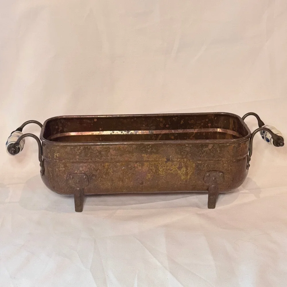 Vintage‎ Footed Copper Brass Jardiniere Planter Pot Delft Porcelain Handles Farm